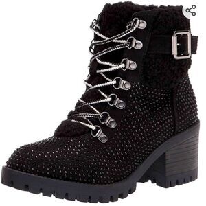 Steve Madden Rhinestone Combat Boots Moto Black Like NEW Shearling Size 7